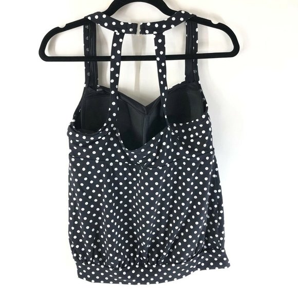 Lands End Tankini Top Molded Cups Gathered Hem Polka Dot Black White 10 DD - Picture 2 of 3